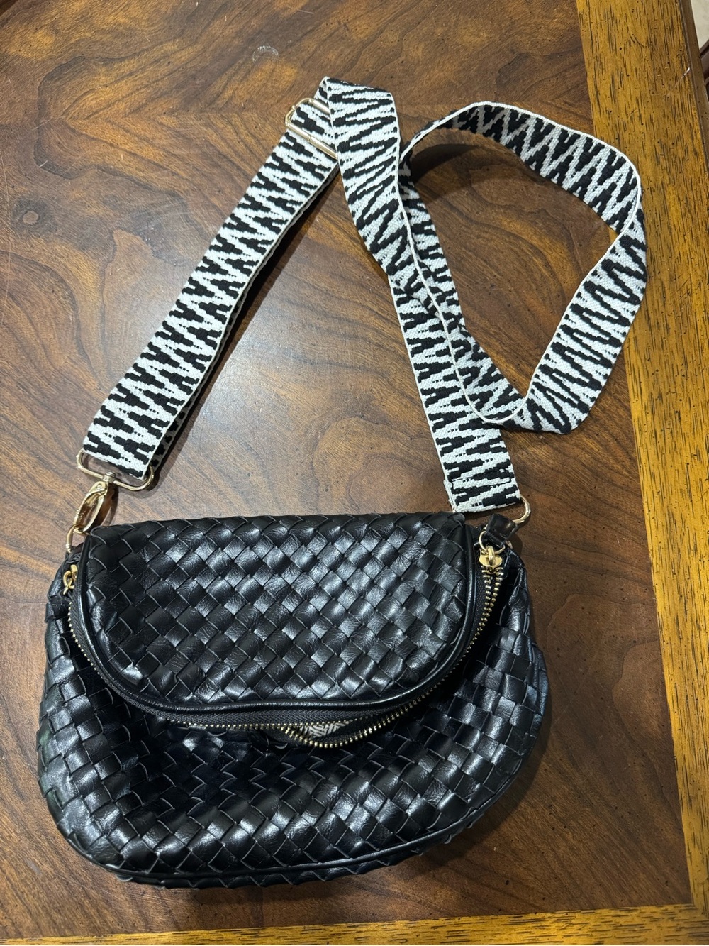 Black Woven Crossbody Bag with Patterned Strap